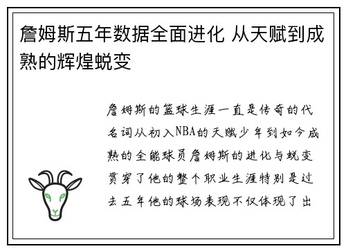 詹姆斯五年数据全面进化 从天赋到成熟的辉煌蜕变