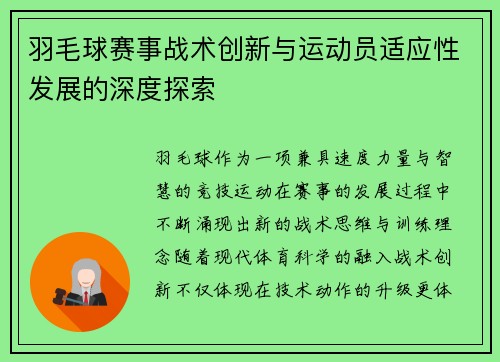 羽毛球赛事战术创新与运动员适应性发展的深度探索 羽毛球赛事战术创新与运动员适应性发展的深度探索